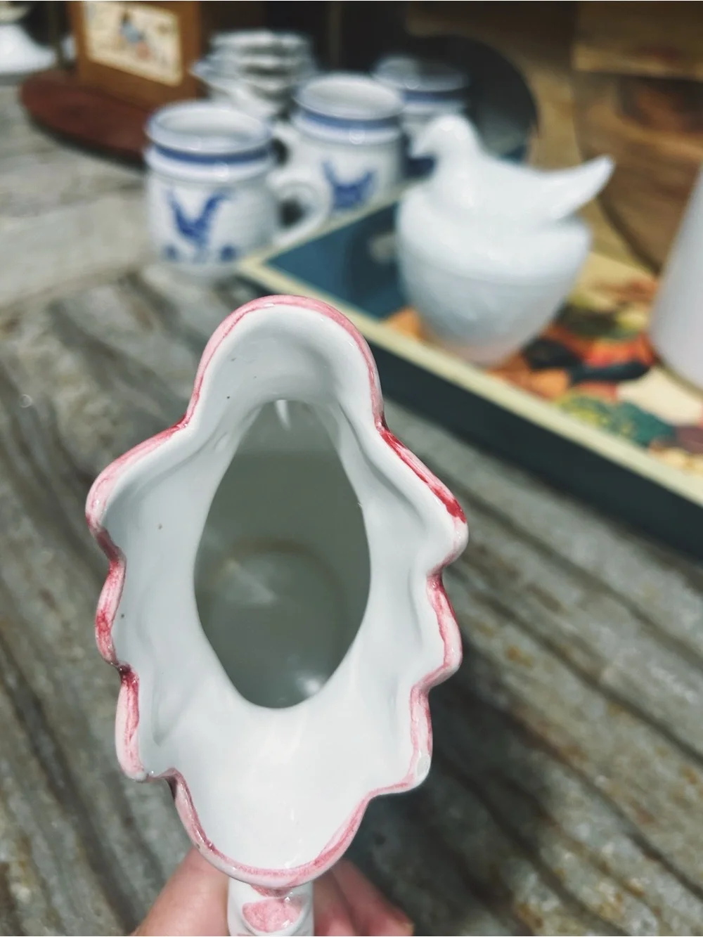 Hand painted Italian majolica pottery, rooster shaped ceramic pitcher